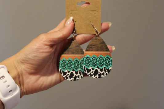 TEAL COWHIDE DANGLE EARRINGS
