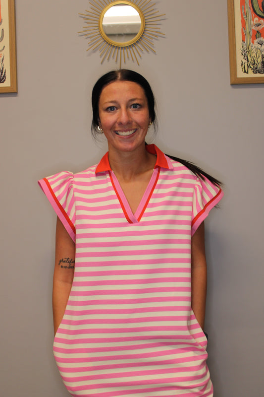 PINK STRIPED COLLAR DRESS